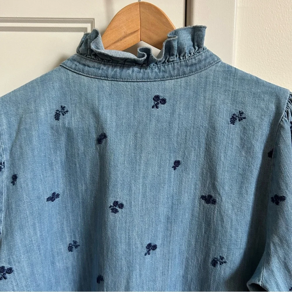 Sézane Chlo Blue Ruffle Denim Shirt Floral Embroidery - Picture 8 of 10